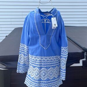Tory Burch Cobalt Blue and White Embroidered Tunic Top